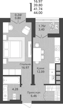 1-к кв. Калининградская область, Калининград Осенняя ул., 34 (41.74 м)
