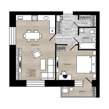 1-к кв. Ярославская область, Ярославль Тормозное ш. (56.23 м)