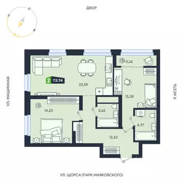 2-к кв. Свердловская область, Екатеринбург ул. Машинная, 1В/4 (72.74 ...
