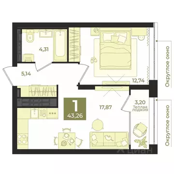 1-к кв. Свердловская область, Екатеринбург пер. Ударников, 33 (43.26 ...