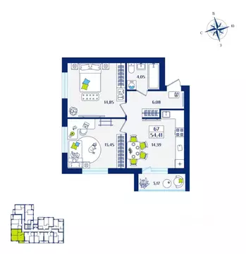 2-к кв. Калининградская область, Зеленоградск  (54.41 м)