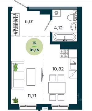 1-к кв. Иркутская область, Иркутск ул. Безбокова, 7А/1 (31.16 м)