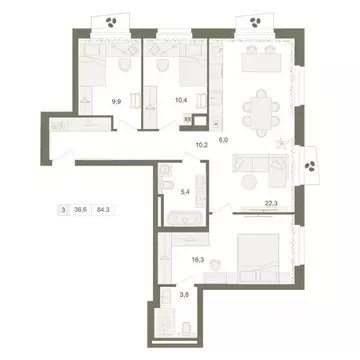 3-к кв. Башкортостан, Уфа Родина Парк жилой комплекс (84.3 м)