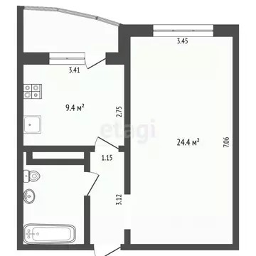 1-к кв. Тюменская область, Тюмень ул. Дмитрия Менделеева, 12к1 (43.4 ...