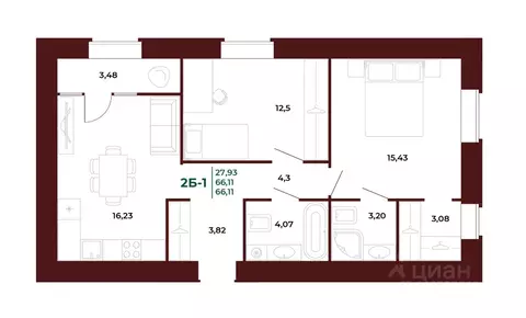 2-к кв. Пензенская область, Пенза Арбери жилой комплекс (65.99 м)