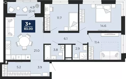 3-комнатная квартира: Тюмень, проезд Капитана Куликова, 3 (83 м)