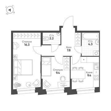 2-к кв. Свердловская область, Екатеринбург Солнечный жилрайон,  (49.4 ...