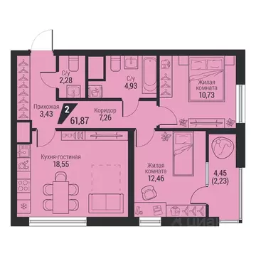2-к кв. Свердловская область, Екатеринбург просп. Космонавтов, 100 ...