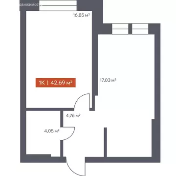 1-комнатная квартира: Томск, Красноармейская улица, 144 (42.69 м)