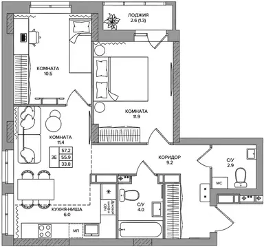 3-к кв. Пермский край, д. Кондратово ул. Водопроводная, 5 (57.2 м)