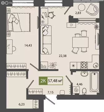 2-комнатная квартира: Тюмень, улица Василия Севергина, 5 (57.48 м)