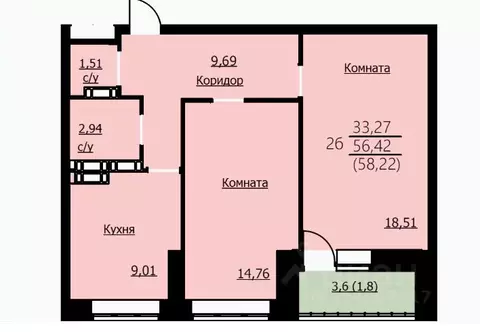 2-к кв. Ярославская область, Ярославль Красноборская ул., 38к2 (58.22 ...