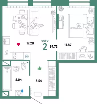 2-к кв. Тюменская область, Тюмень Интернациональная ул., 199к9 (39.73 ...