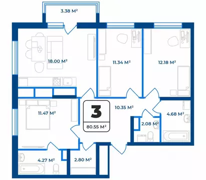 3-к кв. Рязанская область, Рязань Телецентр жилрайон,  (80.55 м)