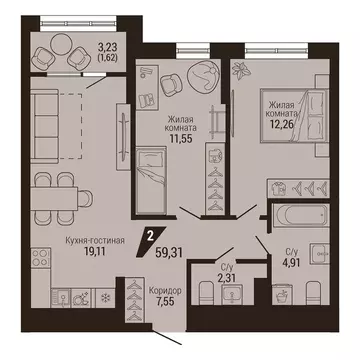 2-комнатная квартира: Екатеринбург, улица Энергостроителей, 7 (59.31 ...