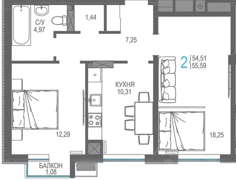 2-к кв. Крым, Симферопольский район, Гвардейское пгт, Республика жилой ...