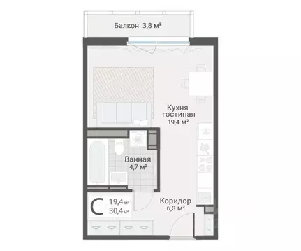 Студия Санкт-Петербург Актерский проезд, 2к1 (30.4 м)