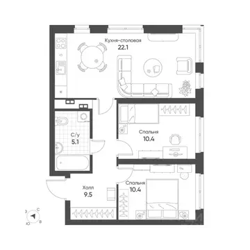 2-к кв. Свердловская область, Екатеринбург Солнечный жилрайон,  (57.5 ...