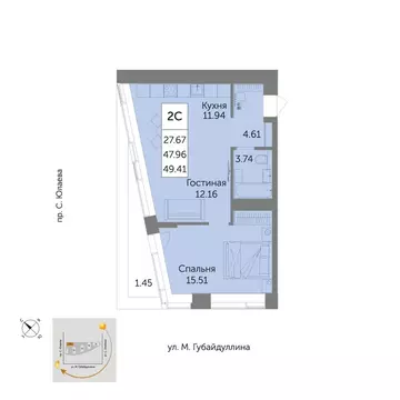2-к кв. Башкортостан, Уфа ул. Художника Позднова, 13 (49.7 м)