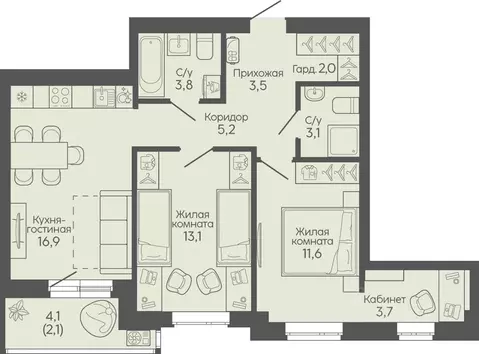 2-к кв. Волгоградская область, Волгоград Трехгорная ул., 27 (65.0 м)