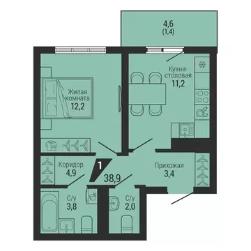1-к кв. Свердловская область, Екатеринбург Вторчермет жилрайон,  (38.9 ...