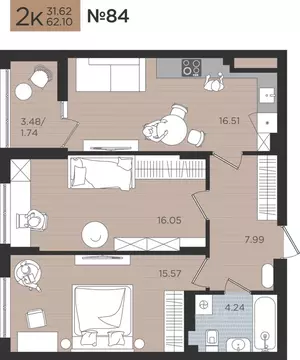 2-к кв. Калининградская область, Калининград Мой Город жилой комплекс ...