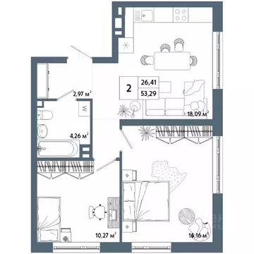 2-к кв. Башкортостан, Уфа 42-й кв-л,  (53.21 м)
