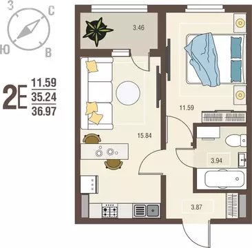 1-комнатная квартира: село Новая Усмань, бульвар Художников, 4 (36.97 ...