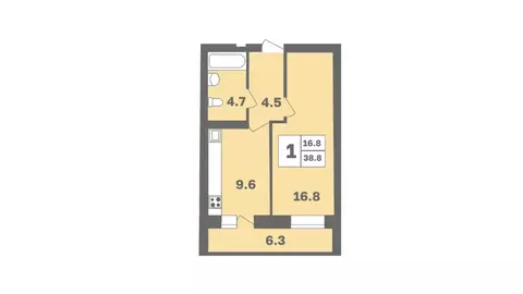 1-к кв. Башкортостан, Уфа Дагестанская ул., лит12 (38.9 м)