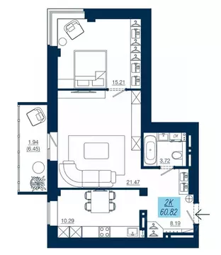 2-к кв. Красноярский край, Красноярск Аэровокзальная ул., 19/3 (60.82 ...
