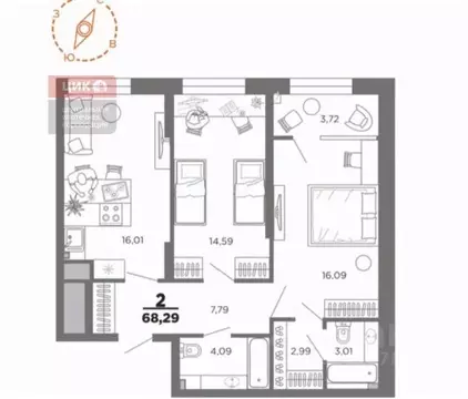 2-к кв. Рязанская область, Рязань Новая ул., 1 (68.29 м)
