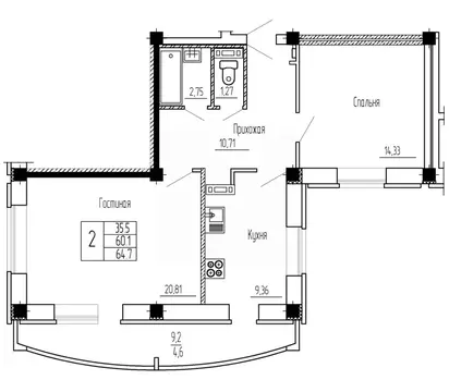 2-к кв. Воронежская область, Воронеж ул. Летчика Филипова, 4 (64.7 м)