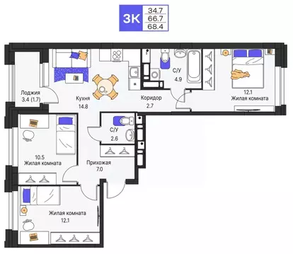 3-к кв. Пермский край, Пермь ул. Карла Модераха, 7 (68.4 м)