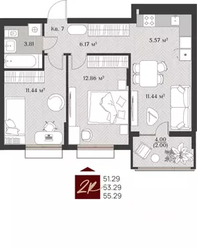 2-к кв. Калининградская область, Зеленоградск  (53.29 м)
