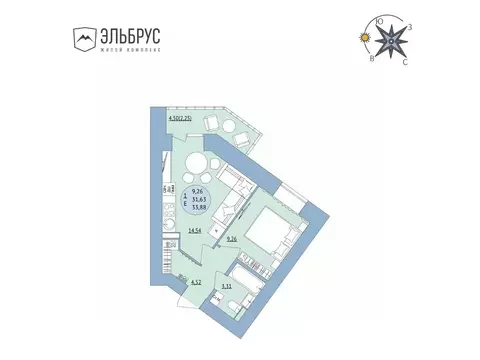 1-к кв. Башкортостан, Уфа Кавказская ул., 24 (33.88 м)