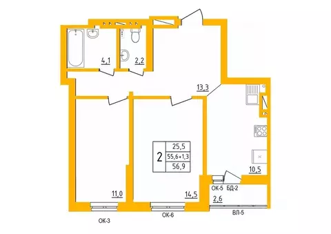 2-к кв. Башкортостан, Уфа ул. имени Фронтовых Бригад, 15/2 (56.5 м)
