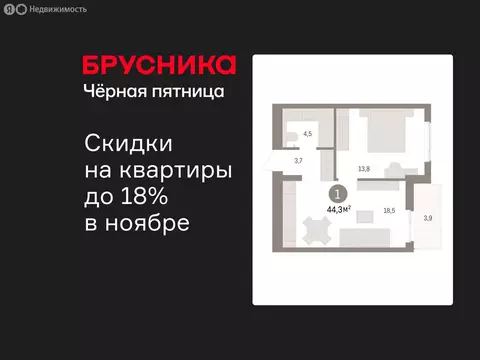 1-комнатная квартира: Новоселье, ЖК Брусника (44.34 м)