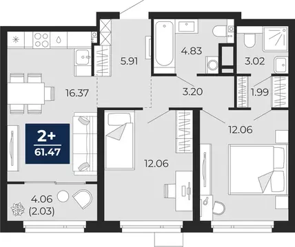 2-комнатная квартира: Тюмень, Арктическая улица, 14 (63.5 м)