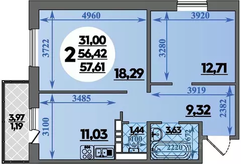 2-к кв. Ростовская область, Ростов-на-Дону ул. Юрия Дубинина, 5 (57.61 ...