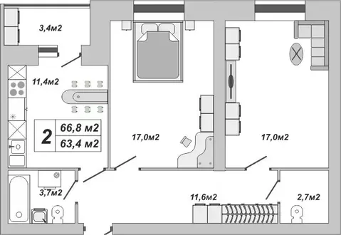 2-к кв. Тамбовская область, Тамбов ул. Чичерина, 7/3 (66.8 м)