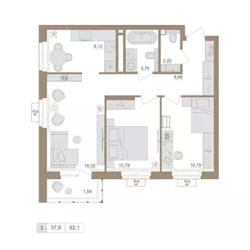 3-к кв. Башкортостан, Уфа бул. Яркий (61.47 м)