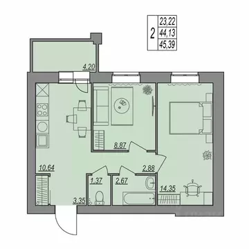 2-к кв. Волгоградская область, Волгоград Типографская ул., 83 (45.39 ...