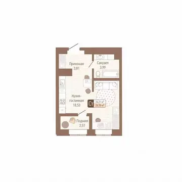 1-к кв. Тульская область, Тула Кулик жилой комплекс (27.5 м)