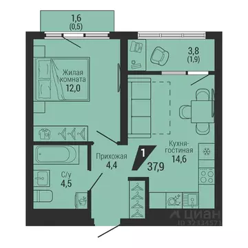 1-к кв. Свердловская область, Екатеринбург Вторчермет жилрайон,  (37.9 ...