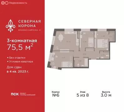 3-комнатная квартира: Санкт-Петербург, набережная реки Карповки, 31к1 ...