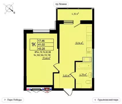 1-комнатная квартира: Обнинск, улица Мира, 2 (43.2 м)