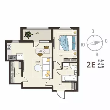 1-к кв. Воронежская область, с. Новая Усмань, Ольха мкр  (46.81 м)