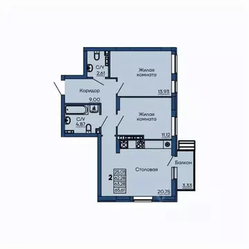 2-к кв. Свердловская область, Екатеринбург ул. Библиотечная, 38 (63.28 ...