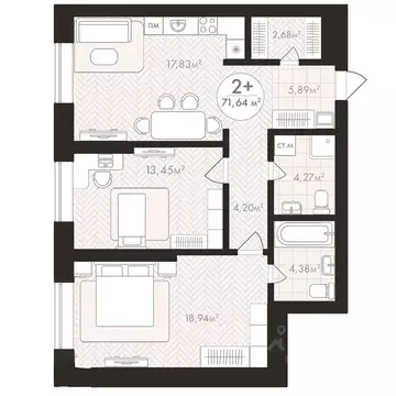 2-к кв. Башкортостан, Уфа Южный-2 мкр,  (71.64 м)