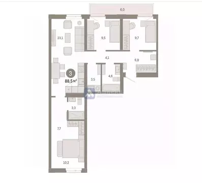 3-к кв. Тюменская область, Тюмень ул. Республики, 205к3 (88.47 м)